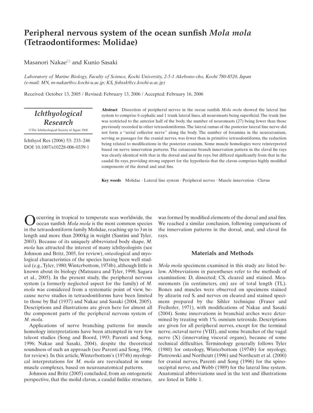 Peripheral Nervous System of the Ocean Sunfish Mola Mola