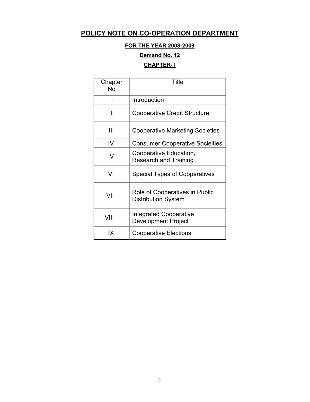 Policy Note on Co-Operation Department