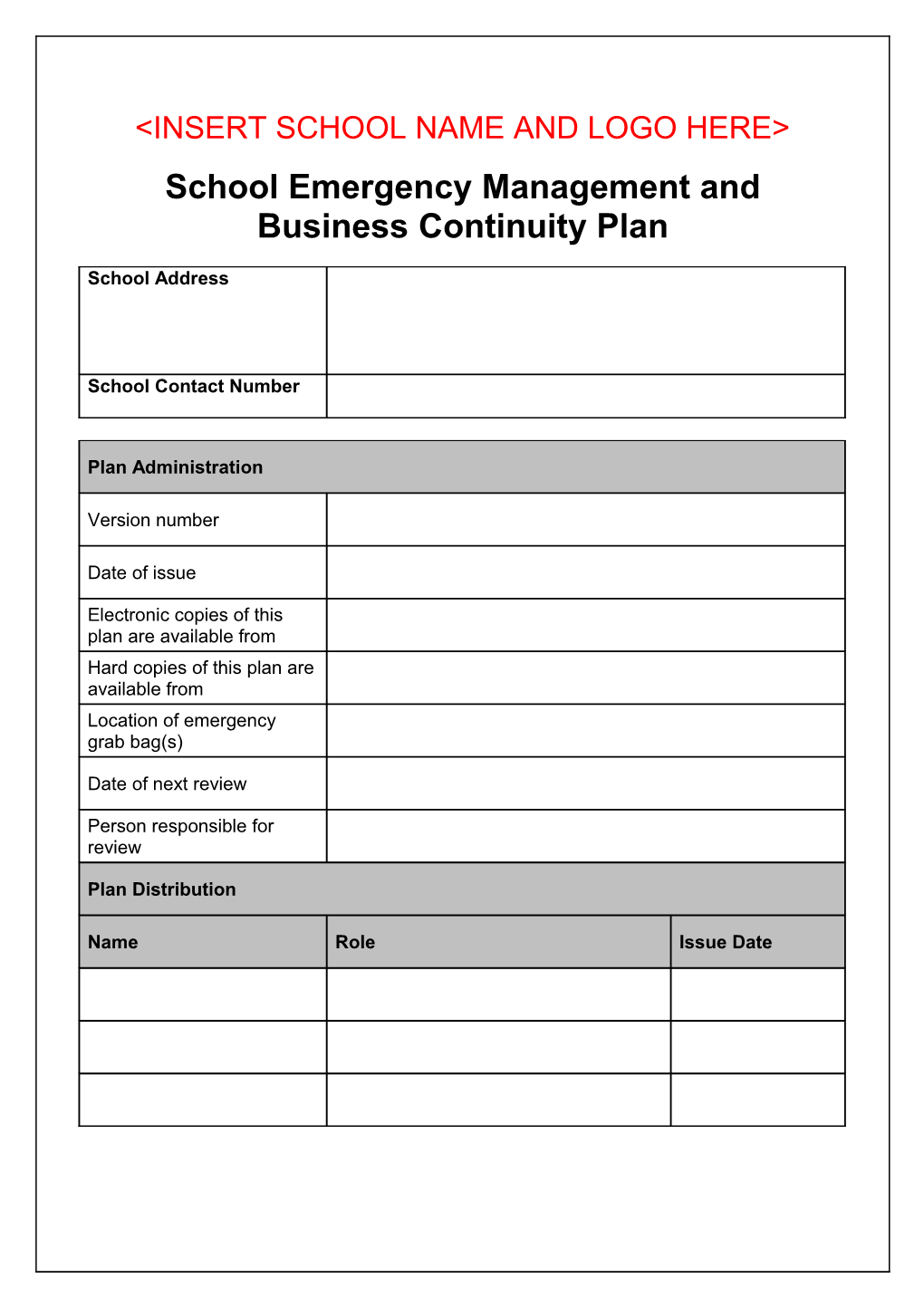 School Emergency Management And Business Continuity Plan Template