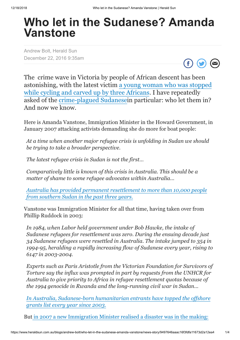 Who Let in the Sudanese? Amanda Vanstone | Herald Sun Who Let in the Sudanese? Amanda Vanstone