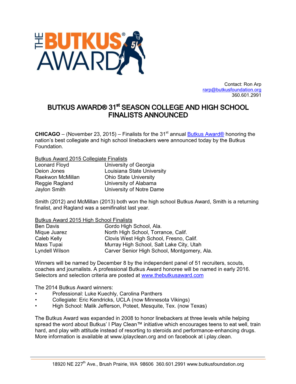 BUTKUS AWARD® 31St SEASON COLLEGE and HIGH SCHOOL FINALISTS ANNOUNCED
