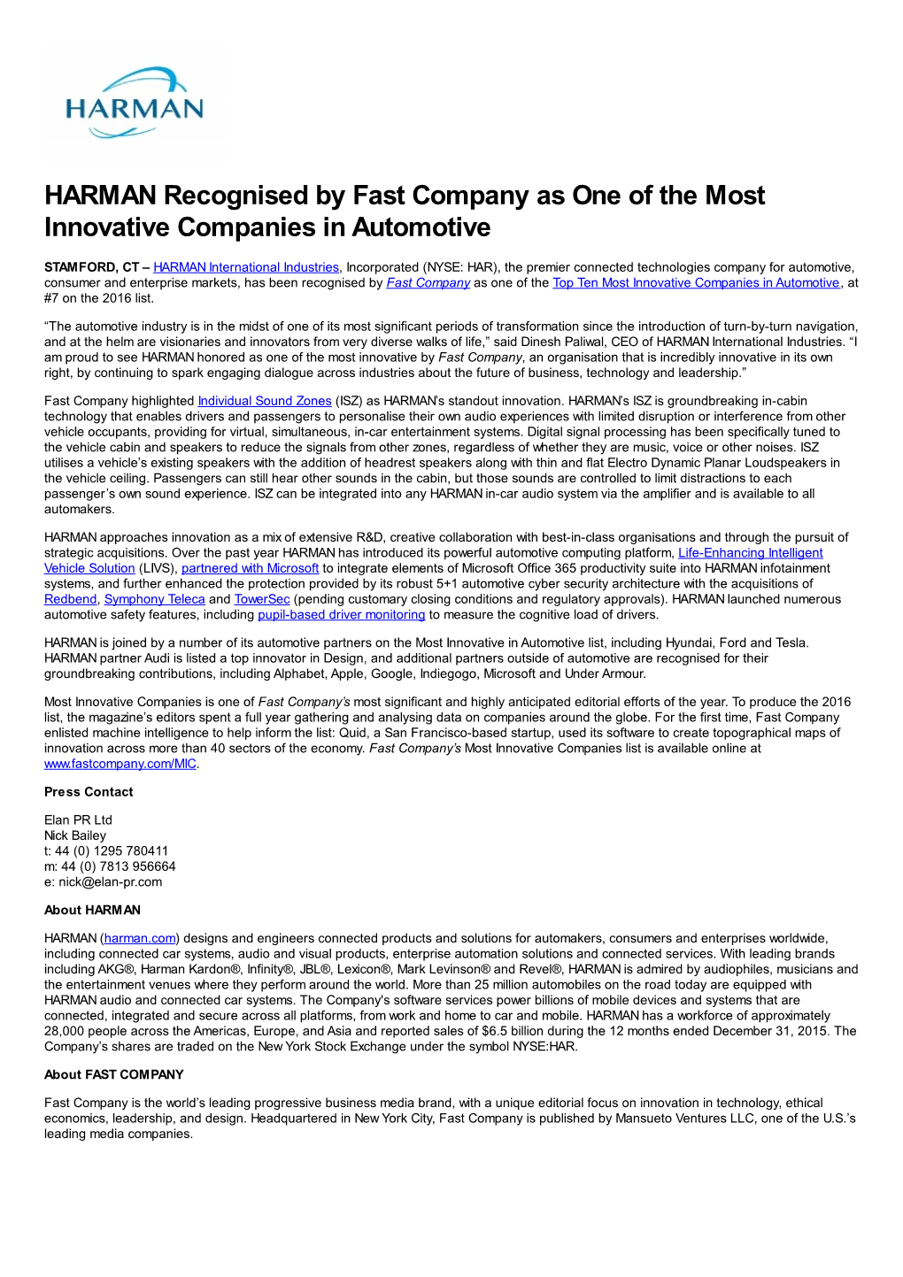 HARMAN Recognised by Fast Company As One of the Most Innovative Companies in Automotive