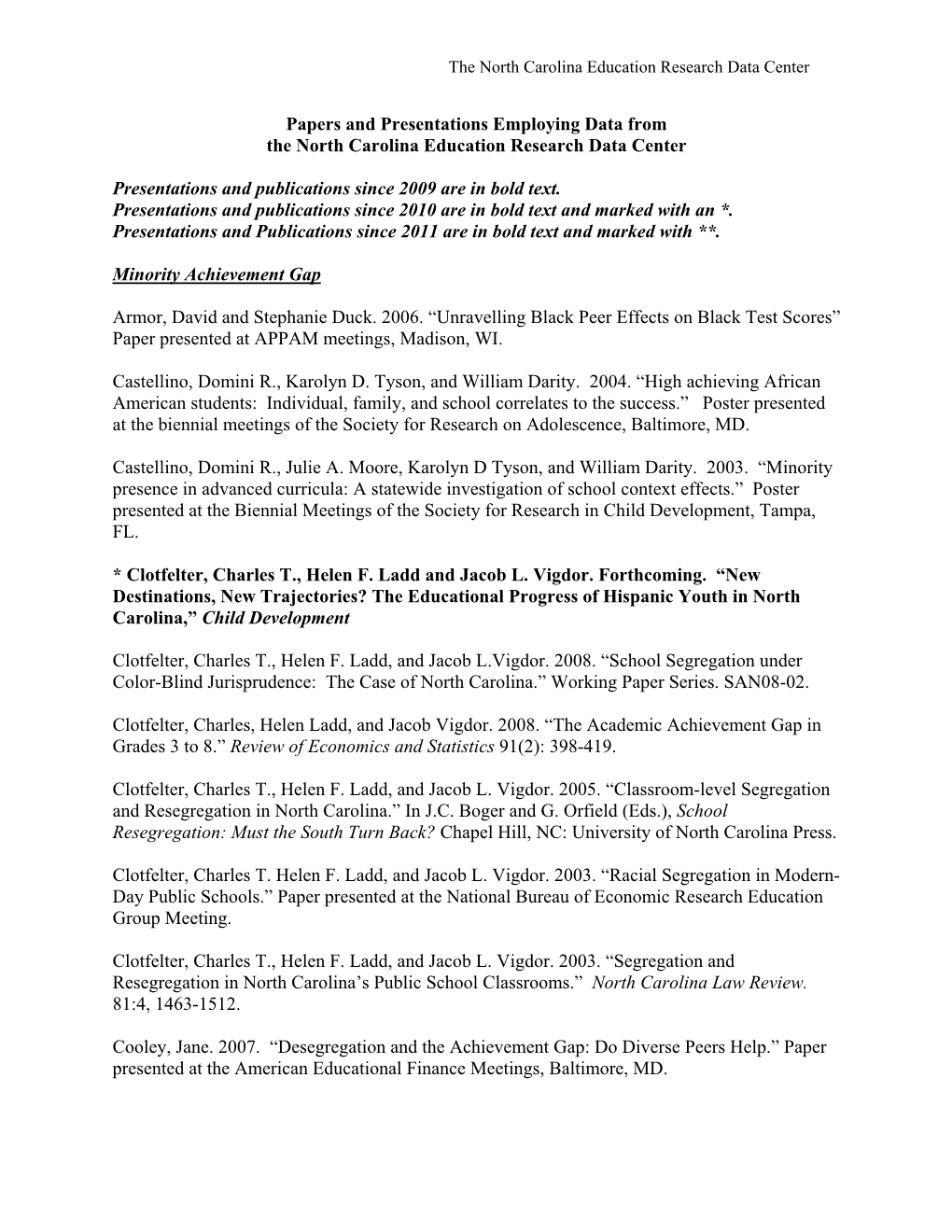 Papers and Presentations Employing Data from the North Carolina Education Research Data Center