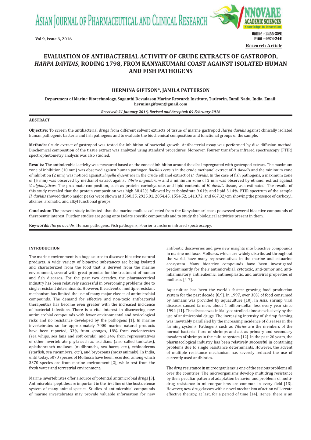 Evaluation of Antibacterial Activity of Crude Extracts of Gastropod, Harpa Davidis, Roding 1798, from Kanyakumari Coast Against Isolated Human and Fish Pathogens