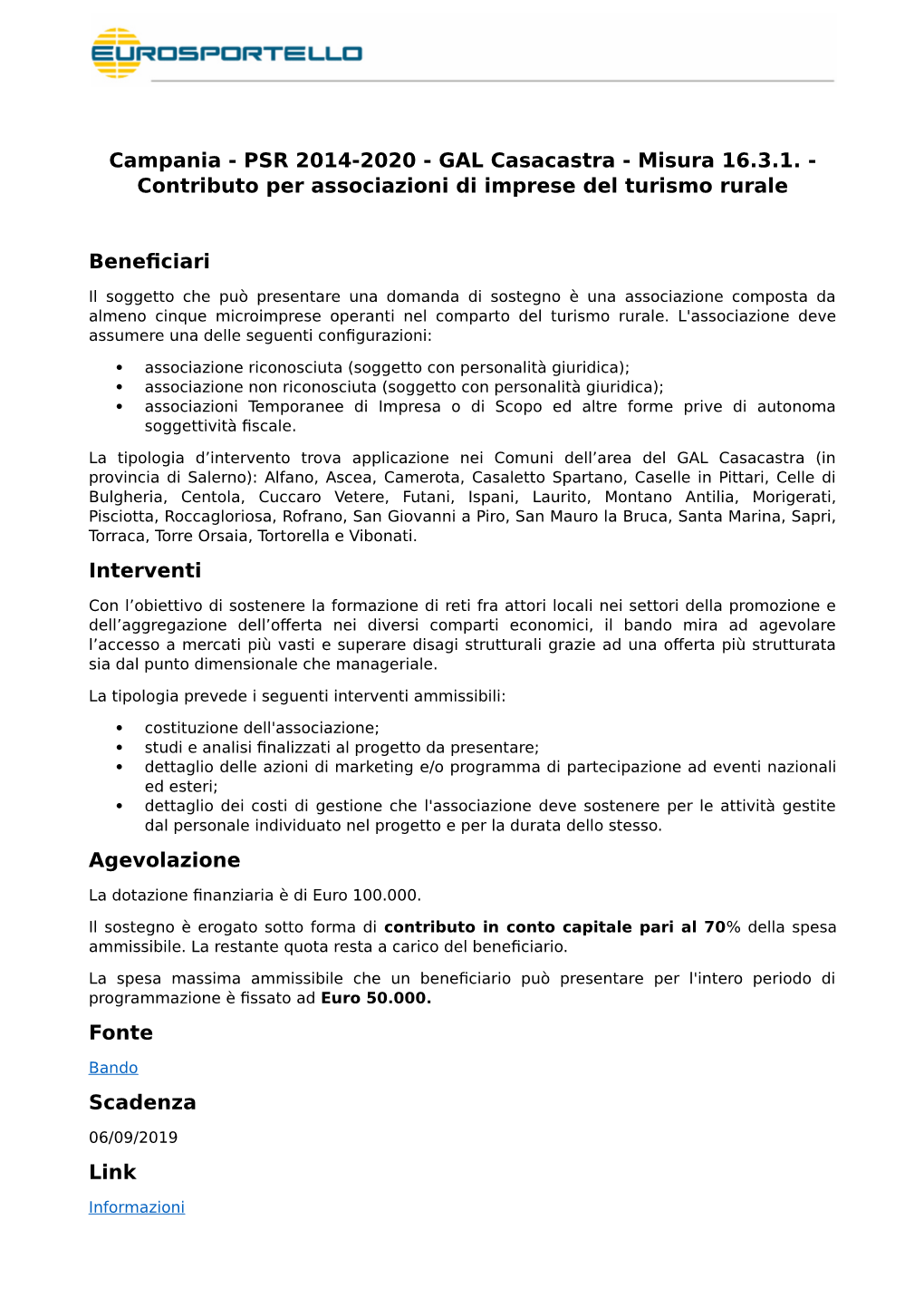 Campania - PSR 2014-2020 - GAL Casacastra - Misura 16.3.1