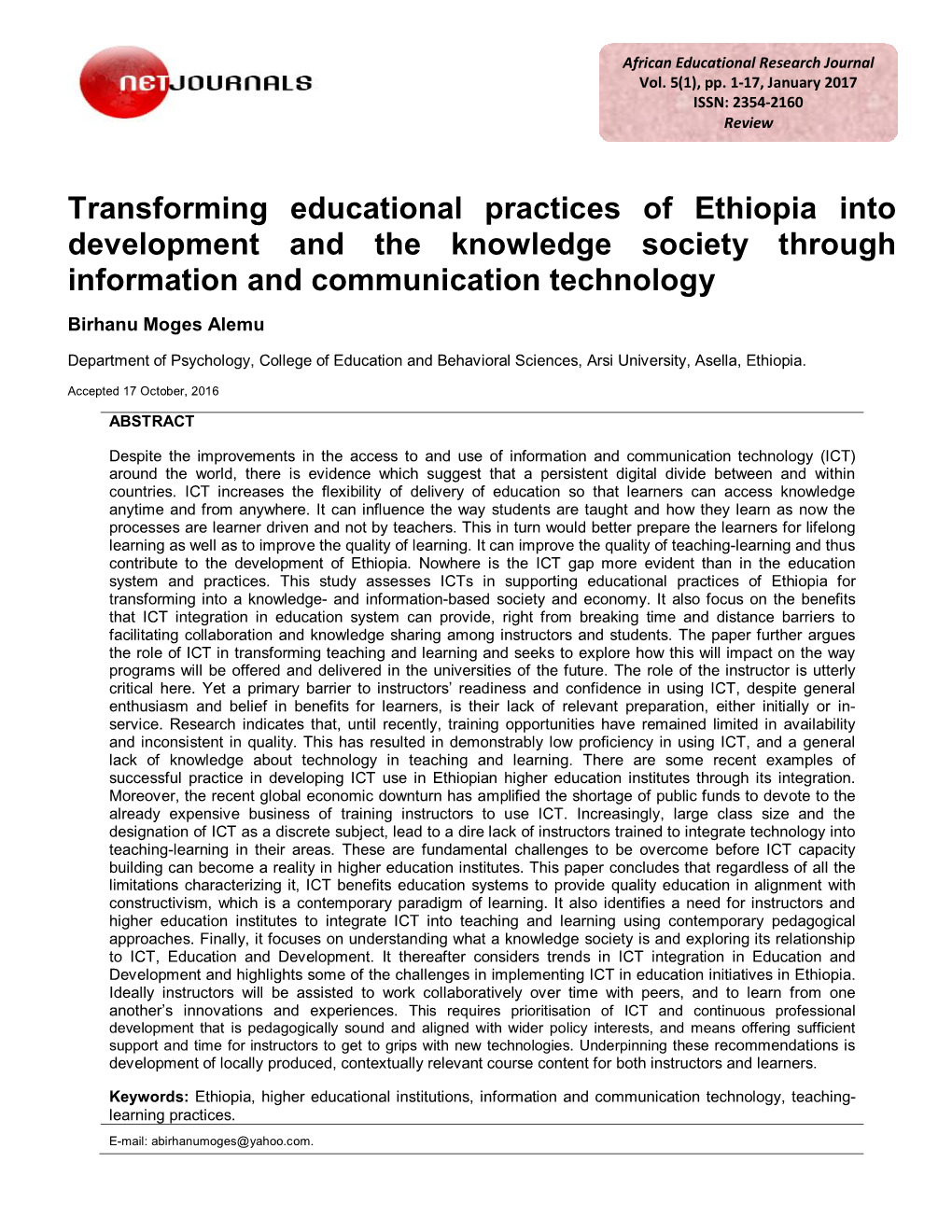 Transforming Educational Practices of Ethiopia Into Development and the Knowledge Society Through Information and Communication Technology