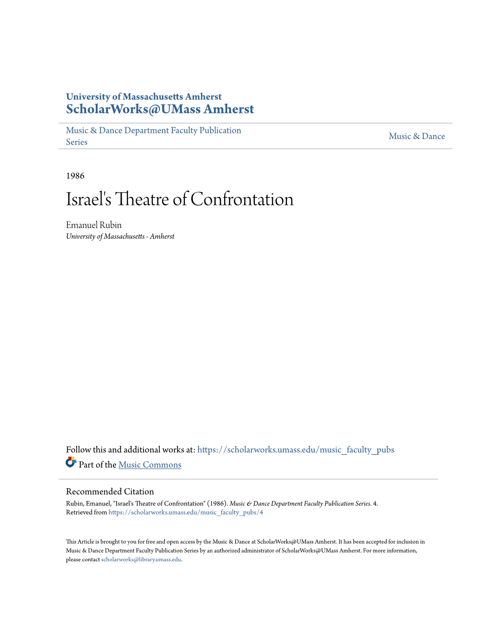 Israel's Theatre of Confrontation Emanuel Rubin University of Massachusetts - Amherst
