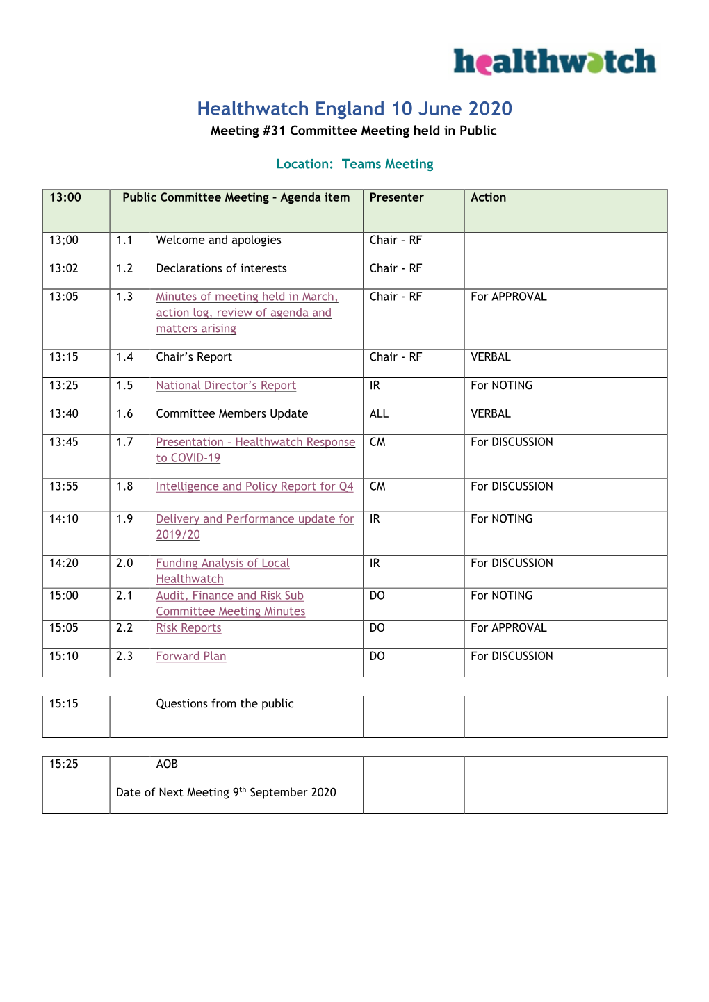 Healthwatch England 10 June 2020 Meeting #31 Committee Meeting Held in Public