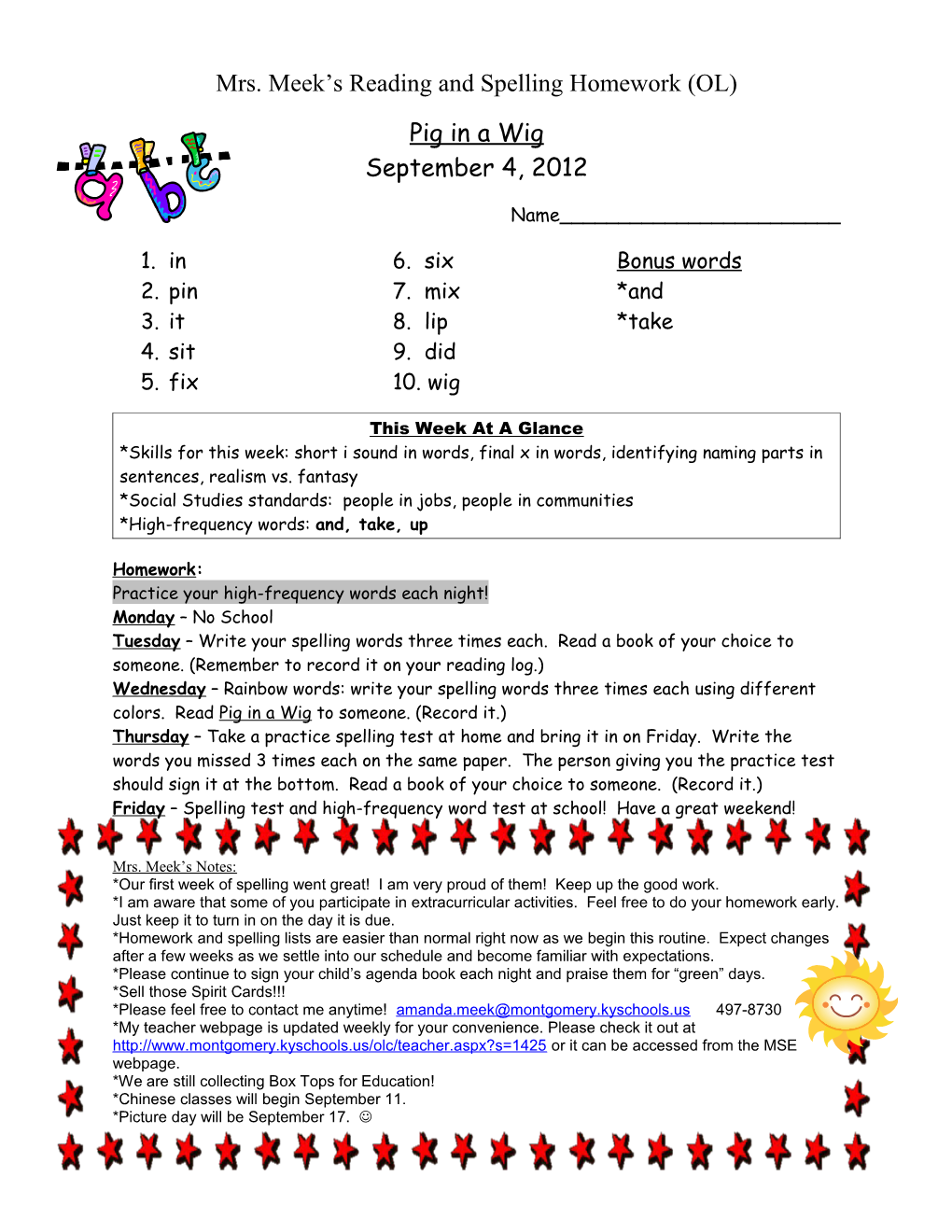 Mrs. Meek S Reading and Spelling Homework (OL)