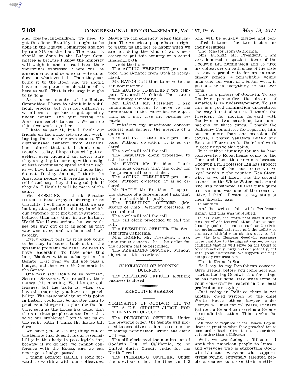 CONGRESSIONAL RECORD—SENATE, Vol. 157, Pt. 6 May 19, 2011 and Great-Grandchildren, We Need to Maybe We Can Somehow Break This Log- P.M