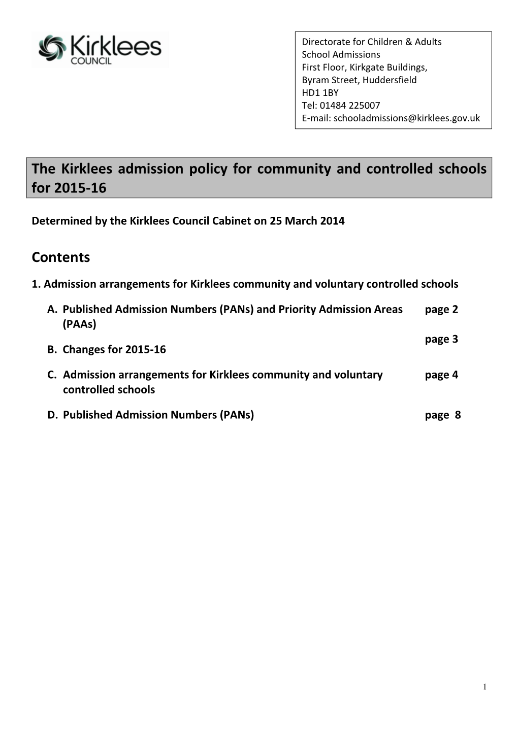 Kirklees Consultation on School Admission Arrangements for 2015/16