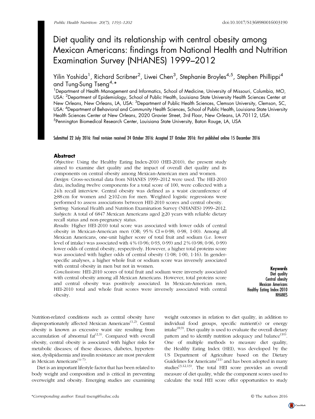Diet Quality and Its Relationship with Central Obesity Among Mexican Americans: ﬁndings from National Health and Nutrition Examination Survey (NHANES) 1999–2012