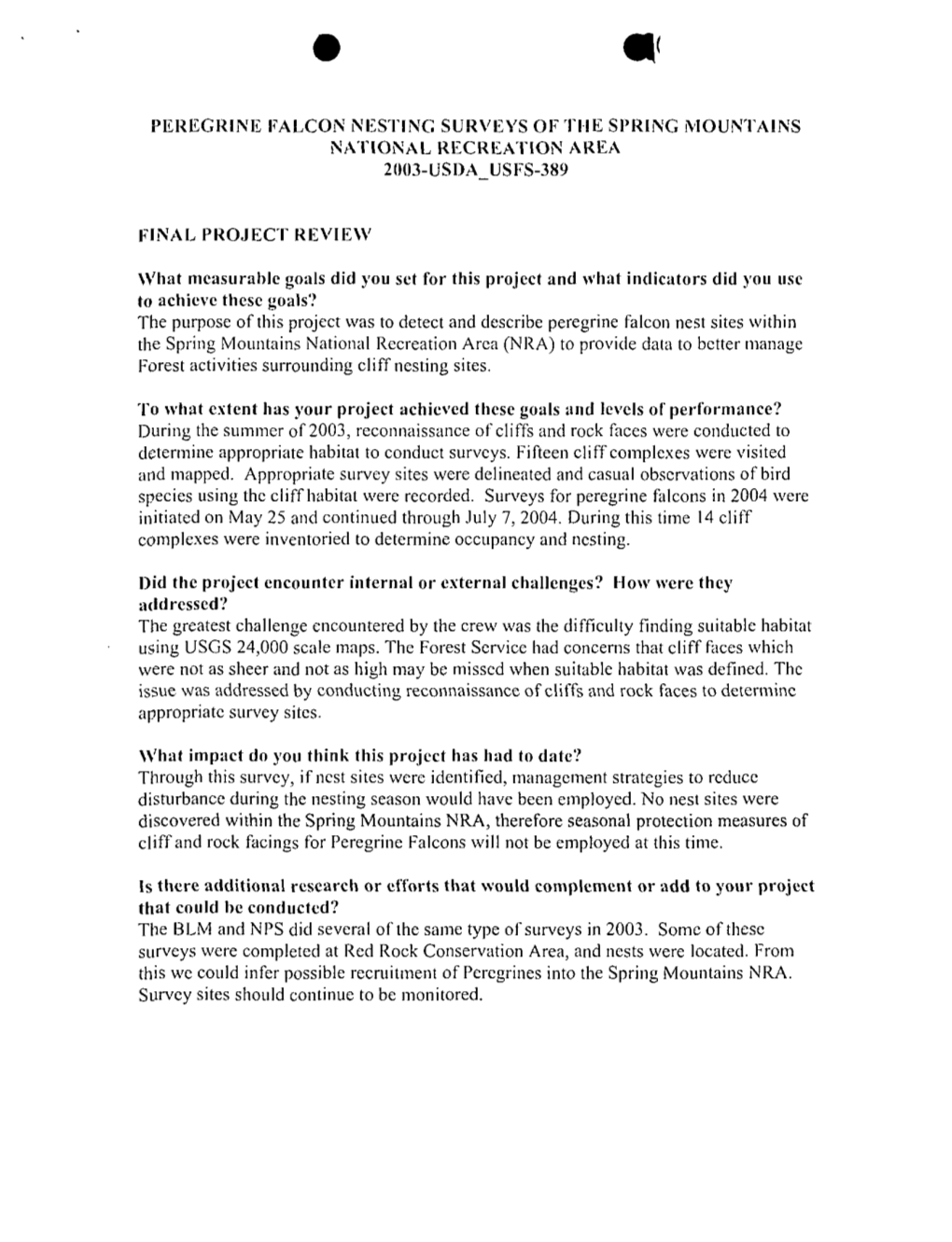 PEREGRINE FALCON NESTING SURVEYS of Tile SPRING MOUNTAINS NATIONAL RECREATION AREA 2003-Uslla USFS-389 FINAL PROJECT REVIEW