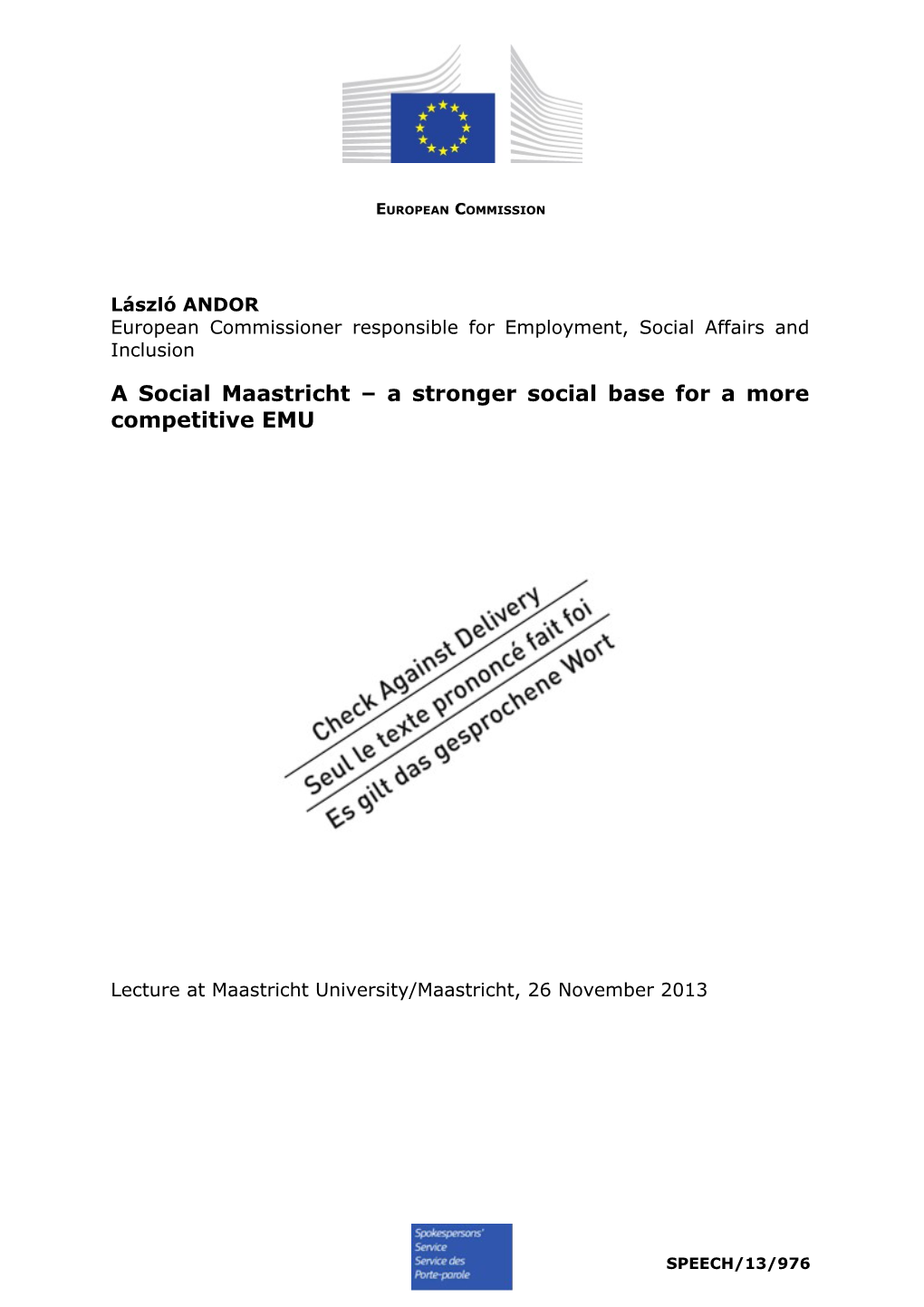 A Social Maastricht a Stronger Social Base for a More Competitive EMU