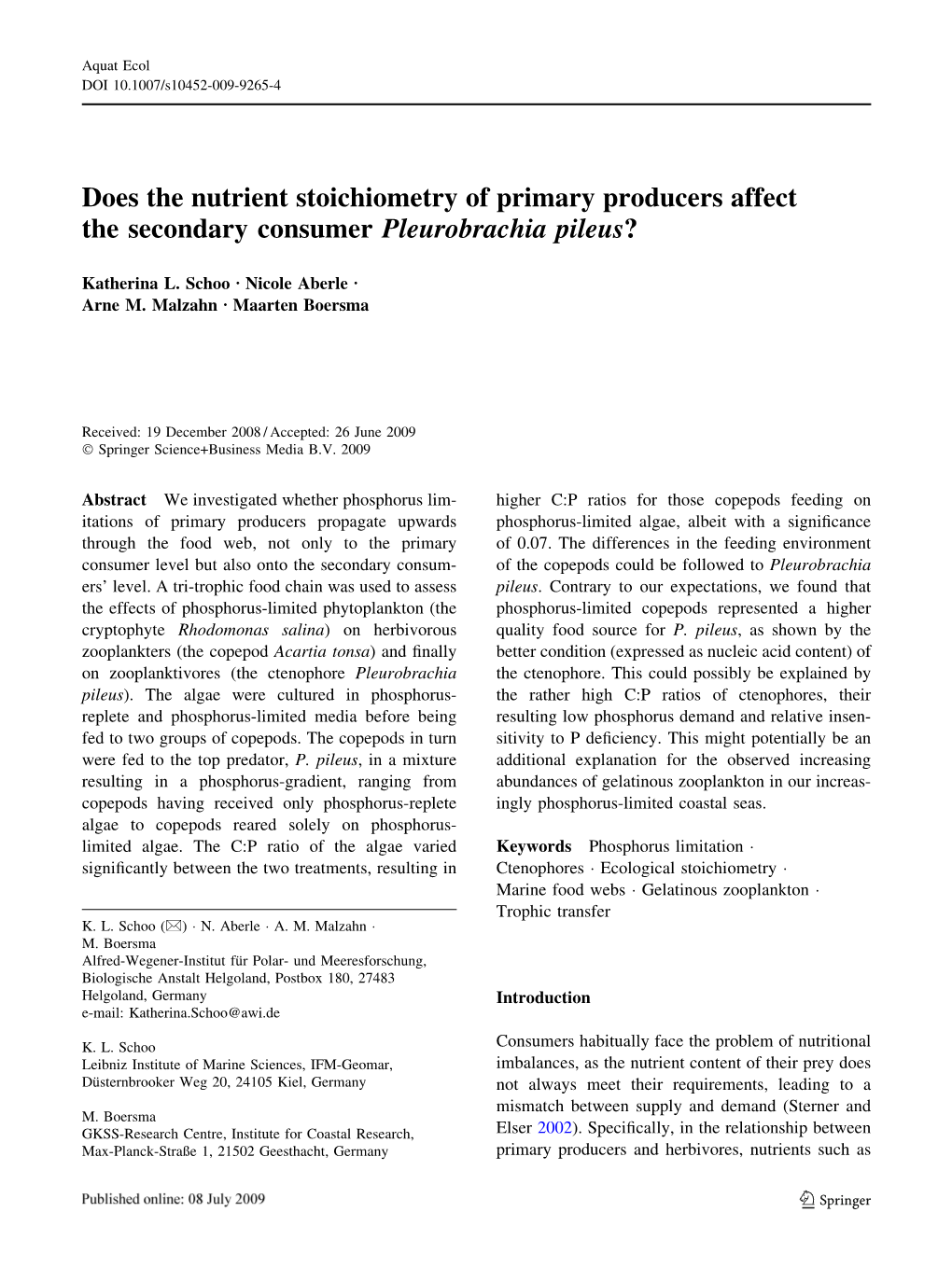 Does the Nutrient Stoichiometry of Primary Producers Affect the Secondary Consumer Pleurobrachia Pileus?