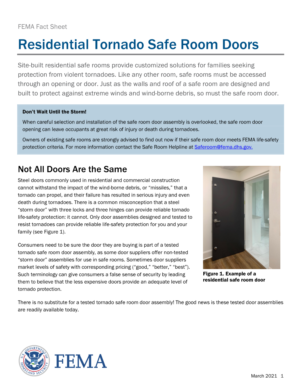 Residential Tornado Safe Room Doors Fact Sheet