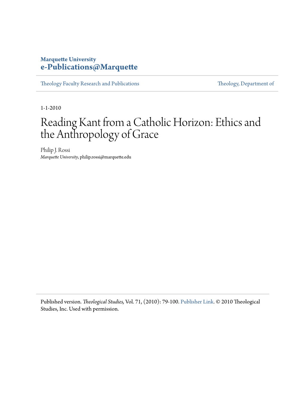 Reading Kant from a Catholic Horizon: Ethics and the Anthropology of Grace Philip J