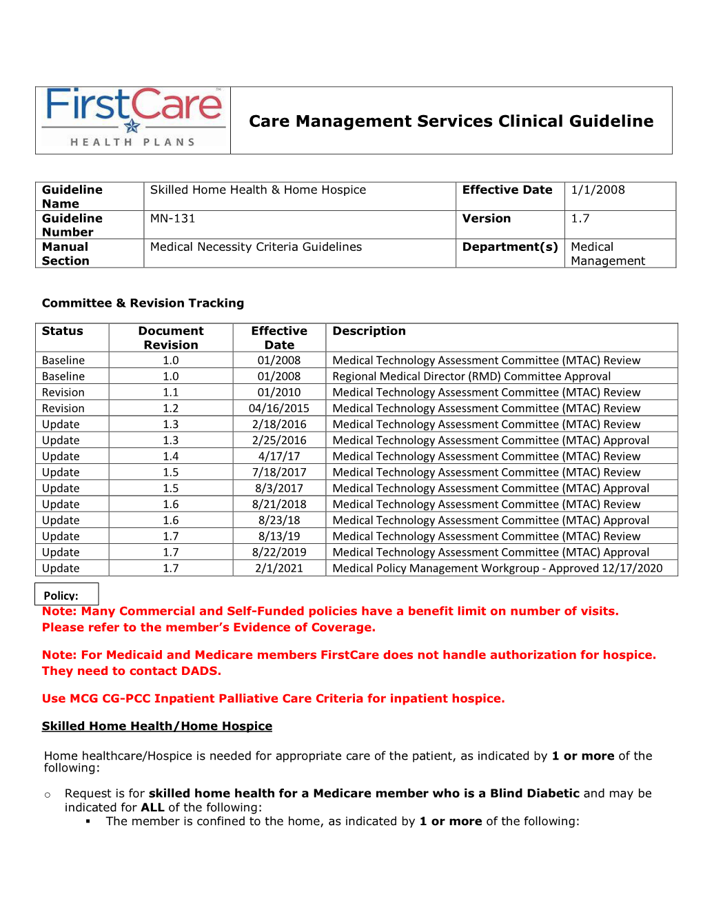 Care Management Services Clinical Guideline