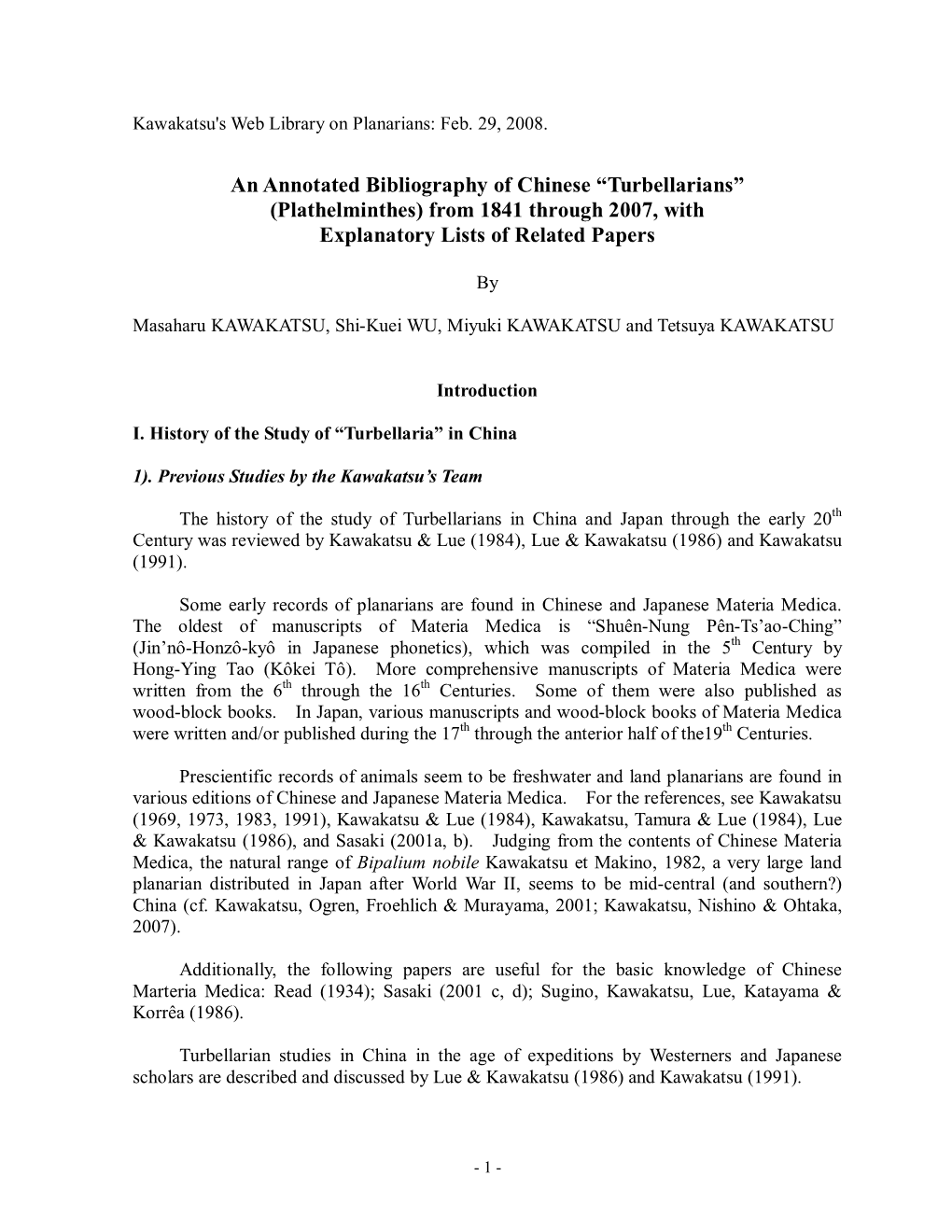 An Annotated Bibliography of Chinese “Turbellarians” (Plathelminthes) from 1841 Through 2007, with Explanatory Lists of Related Papers