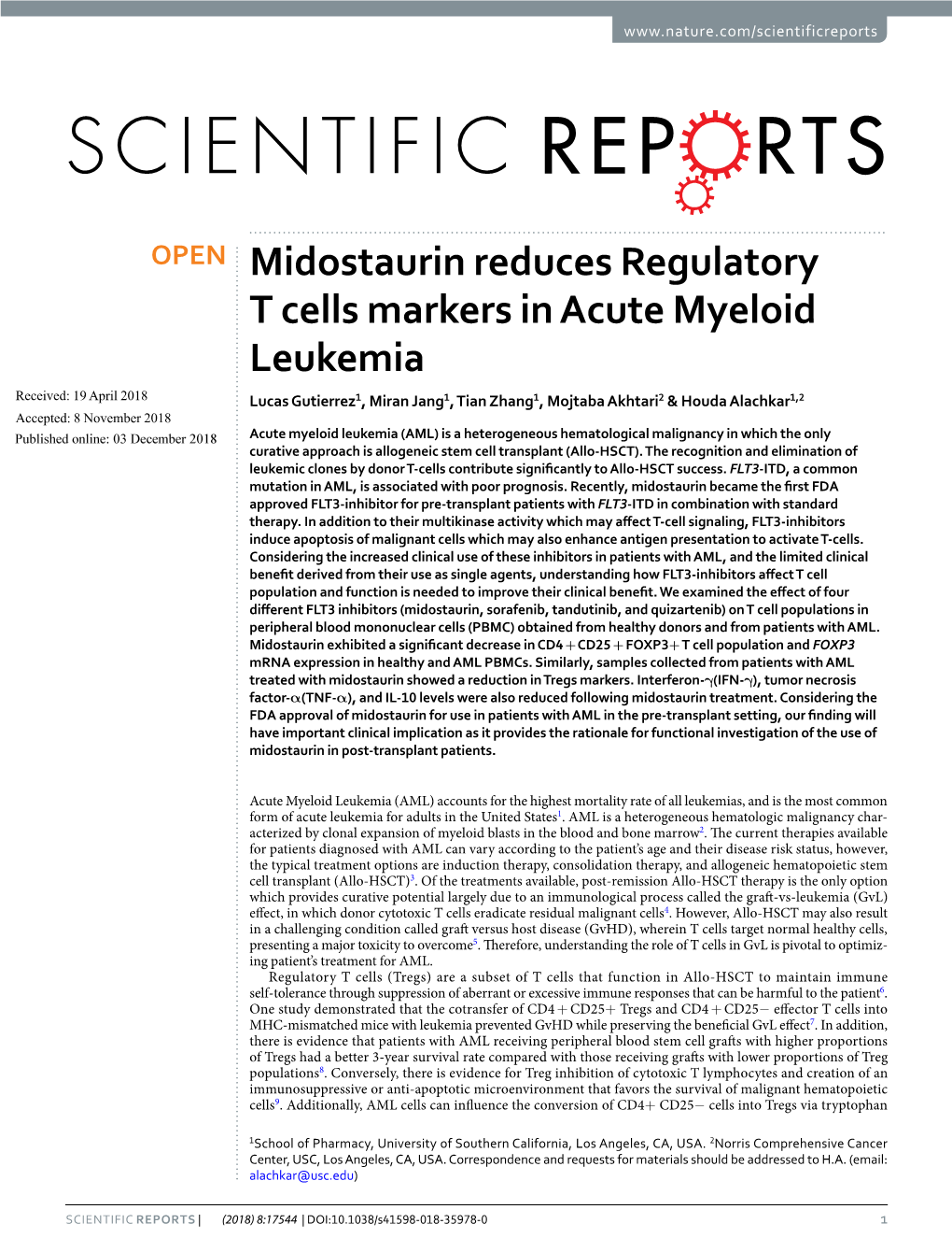 Midostaurin Reduces Regulatory T Cells Markers in Acute Myeloid