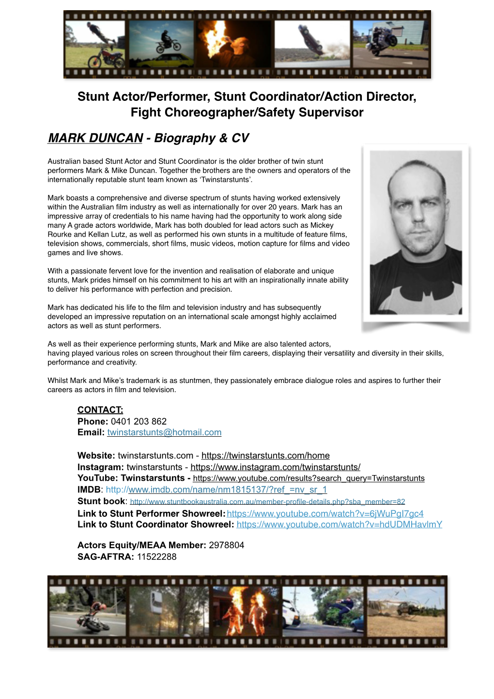 Mark Duncan Stunt Biography & CV