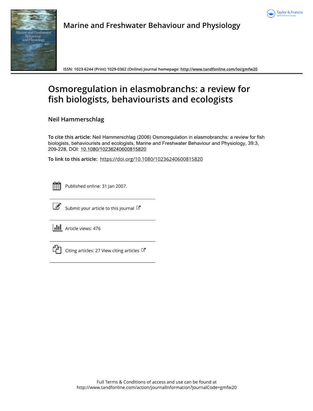 Osmoregulation in Elasmobranchs: a Review for Fish Biologists, Behaviourists and Ecologists