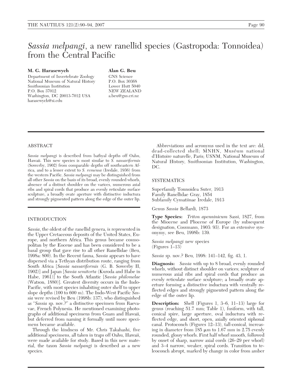 Sassia Melpangi, a New Ranellid Species (Gastropoda: Tonnoidea) from the Central Pacific