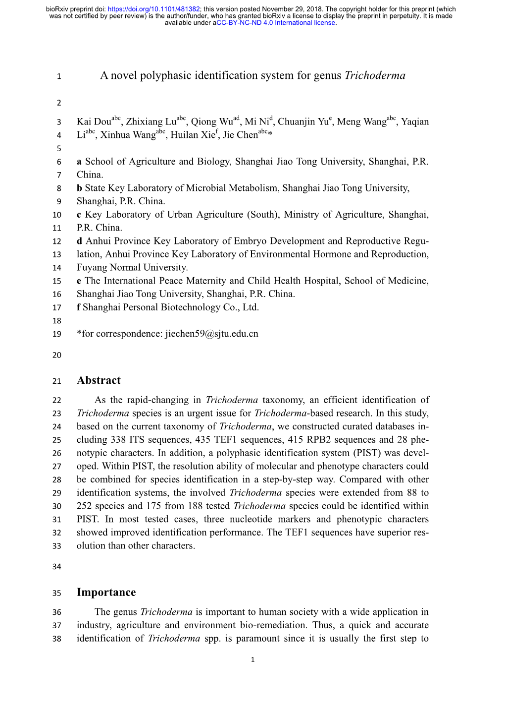 A Novel Polyphasic Identification System for Genus Trichoderma