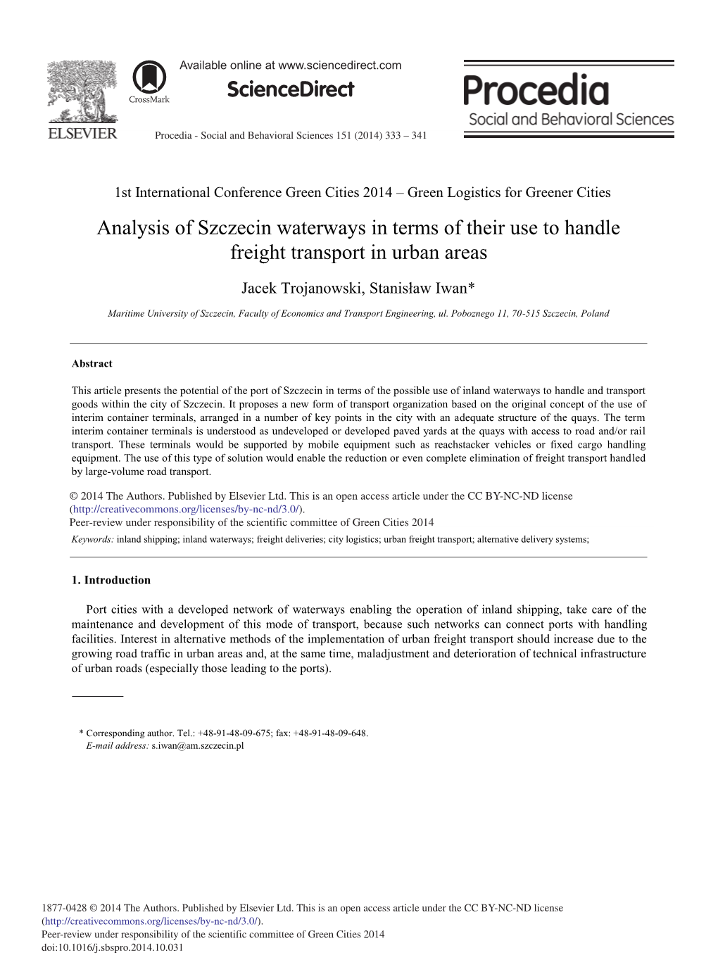 Analysis of Szczecin Waterways in Terms of Their Use to Handle Freight Transport in Urban Areas