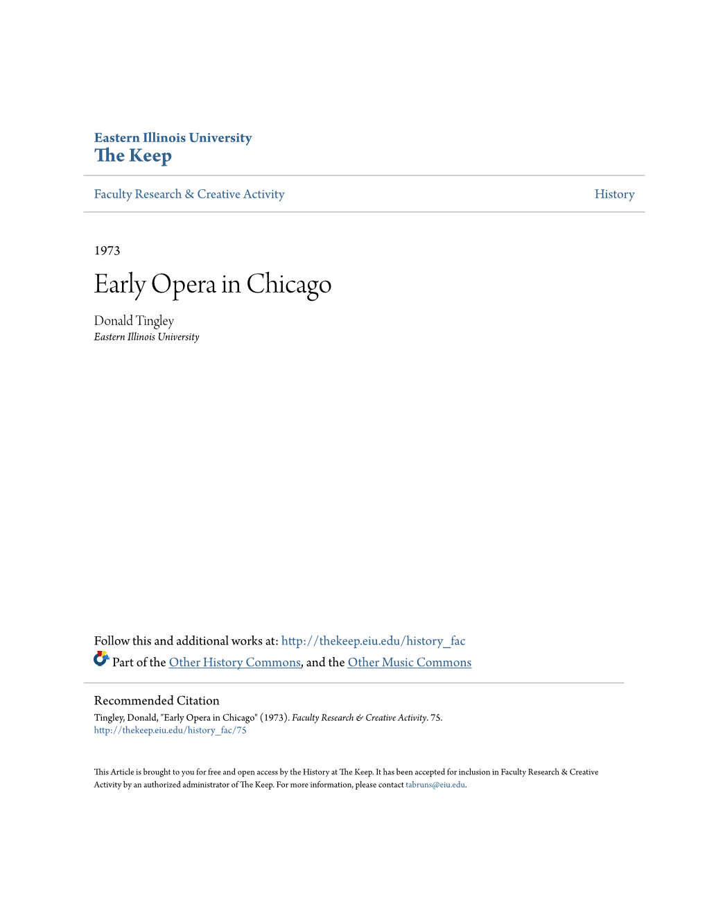 Early Opera in Chicago Donald Tingley Eastern Illinois University