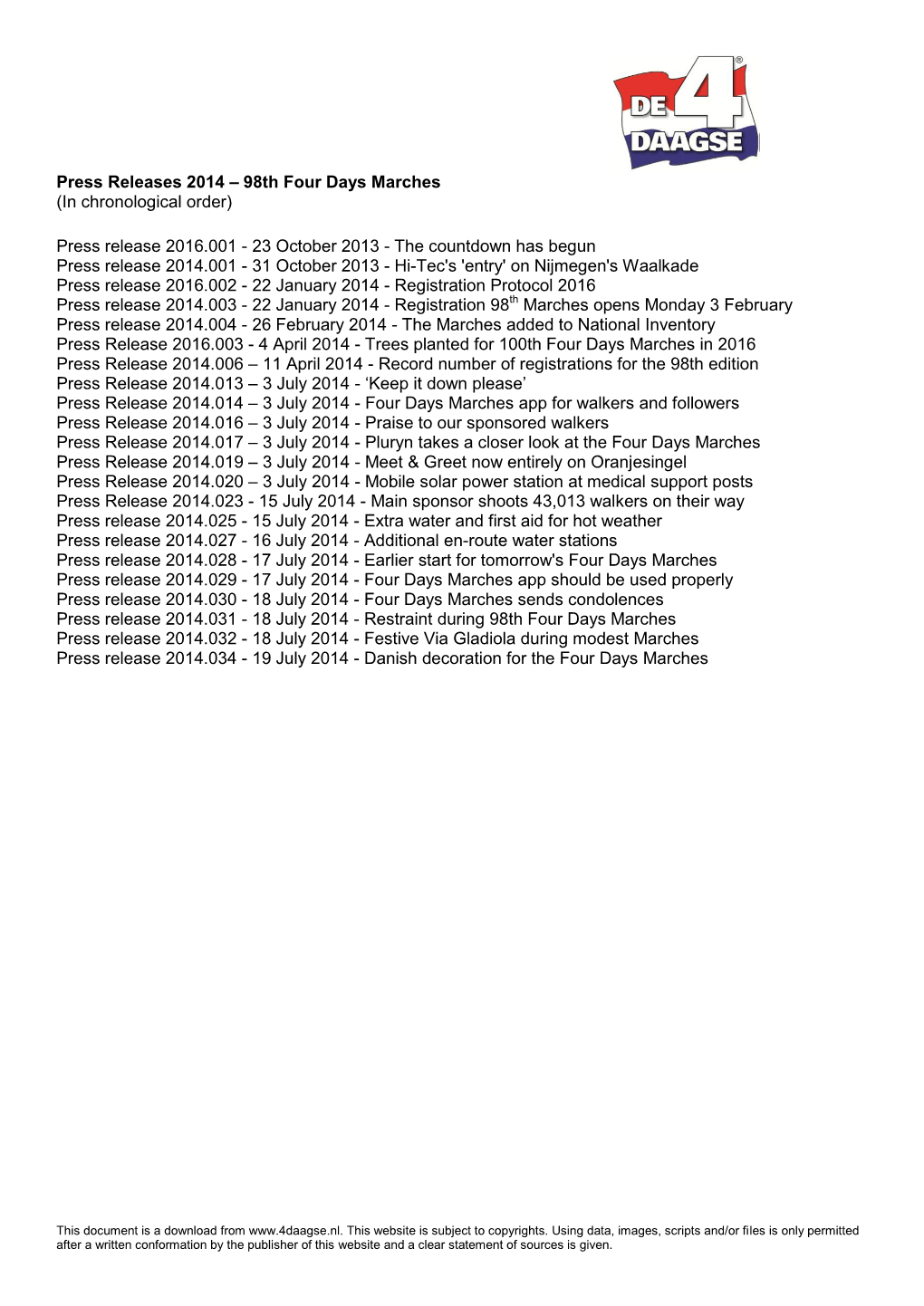 Press Releases 2014 – 98Th Four Days Marches (In Chronological Order)