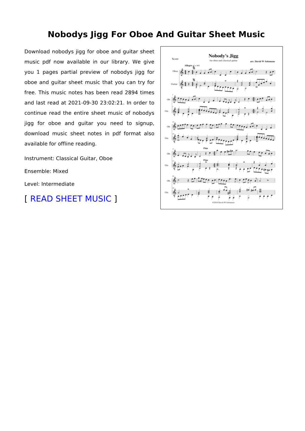 Nobodys Jigg for Oboe and Guitar Sheet Music