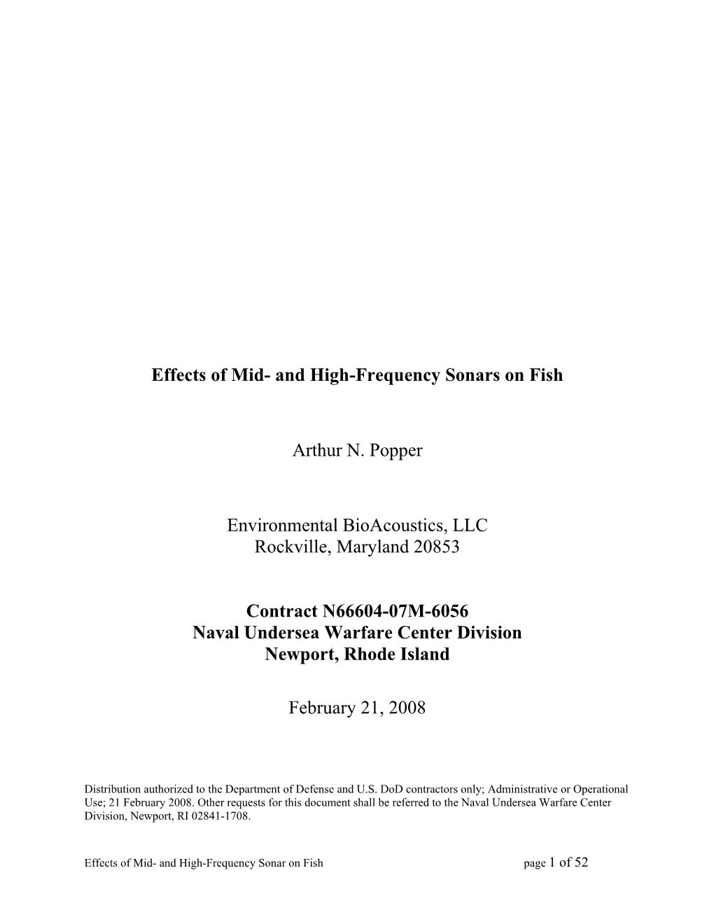 Effects of Mid- and High-Frequency Sonars on Fish