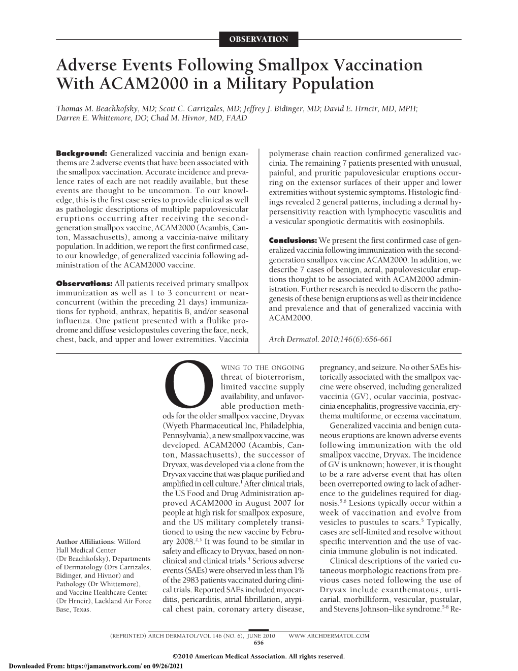 Adverse Events Following Smallpox Vaccination with ACAM2000 in a Military Population