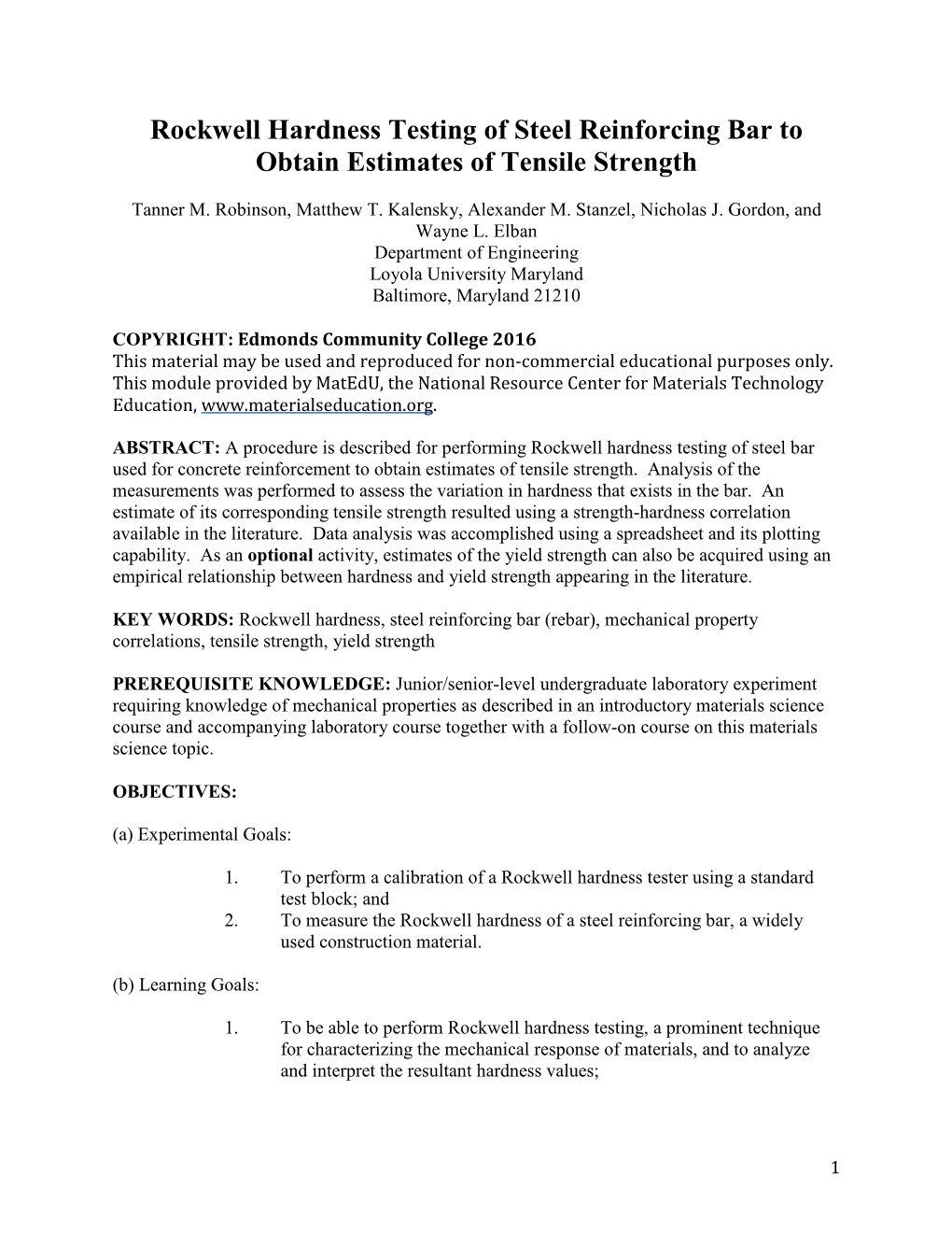 Rockwell Hardness Testing of Steel Reinforcing Bar to Obtain Estimates of Tensile Strength