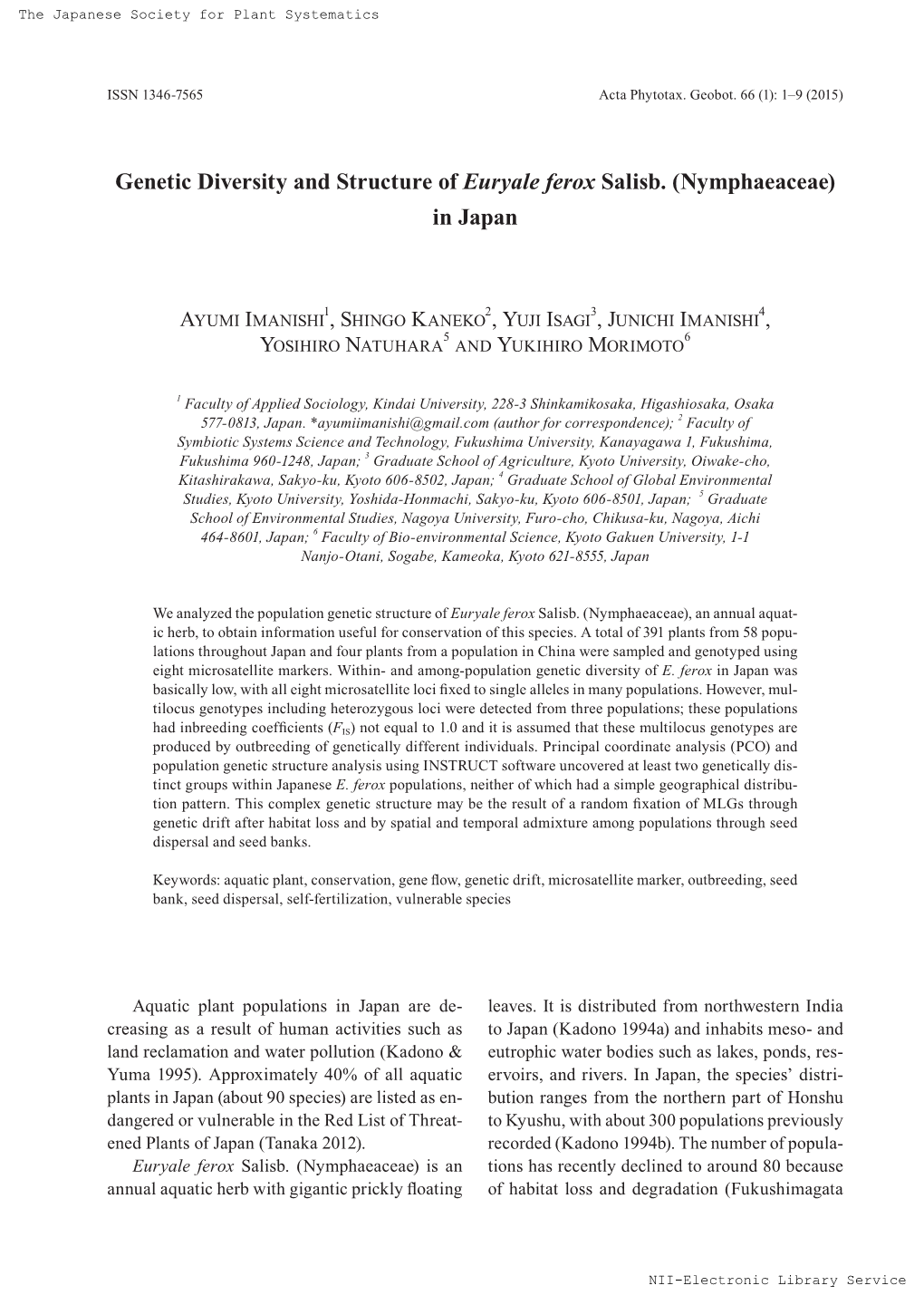 Genetic Diversity and Structure of Euryale Ferox Salisb. (Nymphaeaceae) in Japan