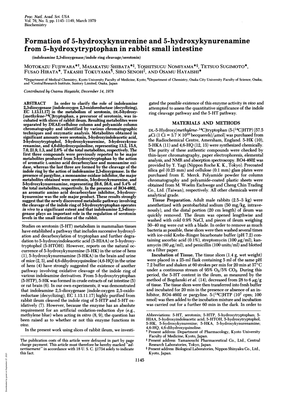 Formation of 5-Hydroxykynurenine and 5-Hydroxykynurenamine from 5