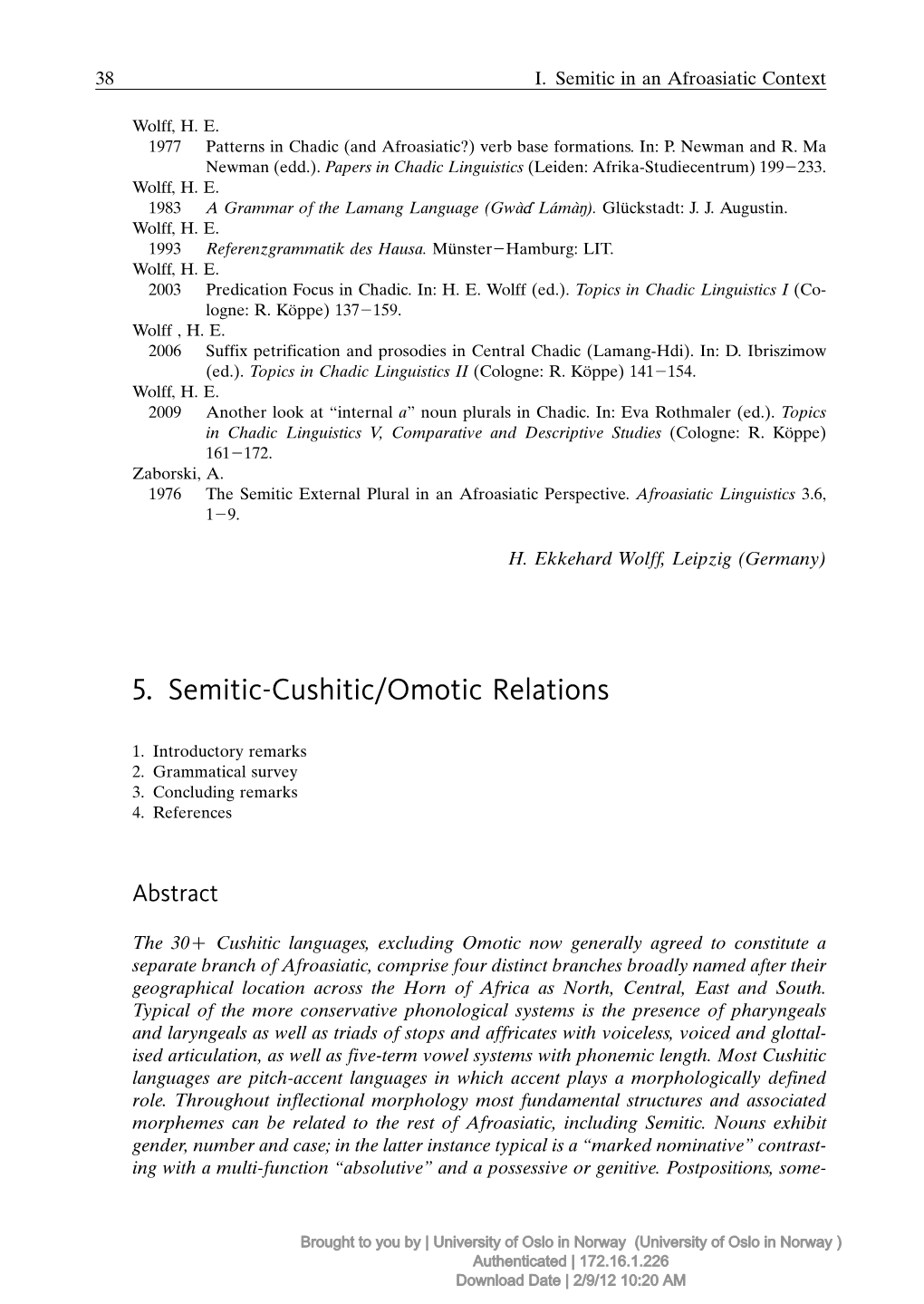 5. Semitic-Cushitic/Omotic Relations