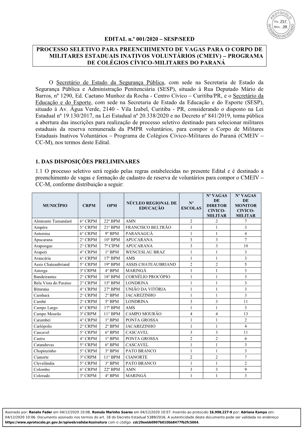 EDITAL N.º 001/2020 SESP/SEED PROCESSO SELETIVO PARA