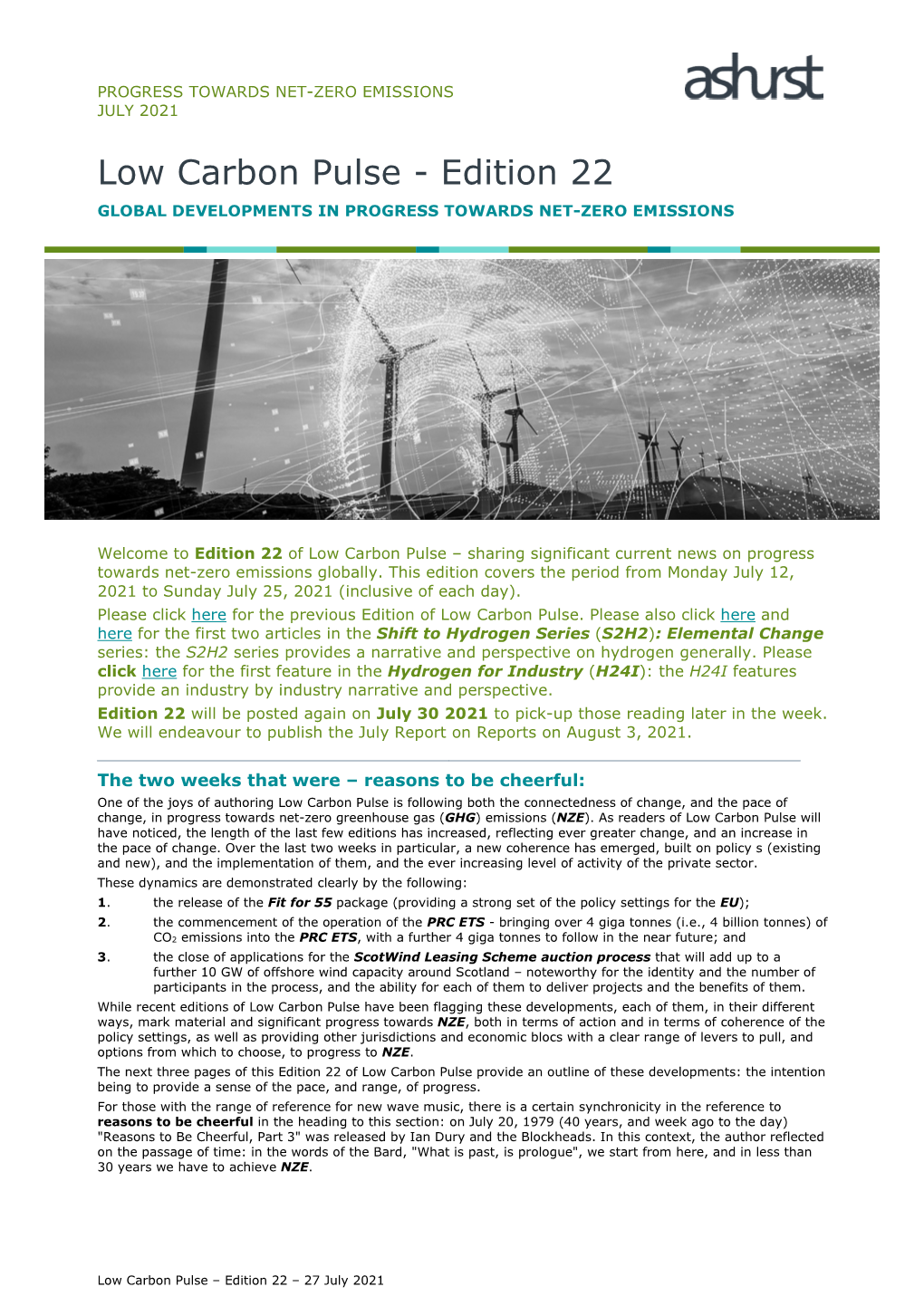 Low Carbon Pulse - Edition 22 GLOBAL DEVELOPMENTS in PROGRESS TOWARDS NET-ZERO EMISSIONS