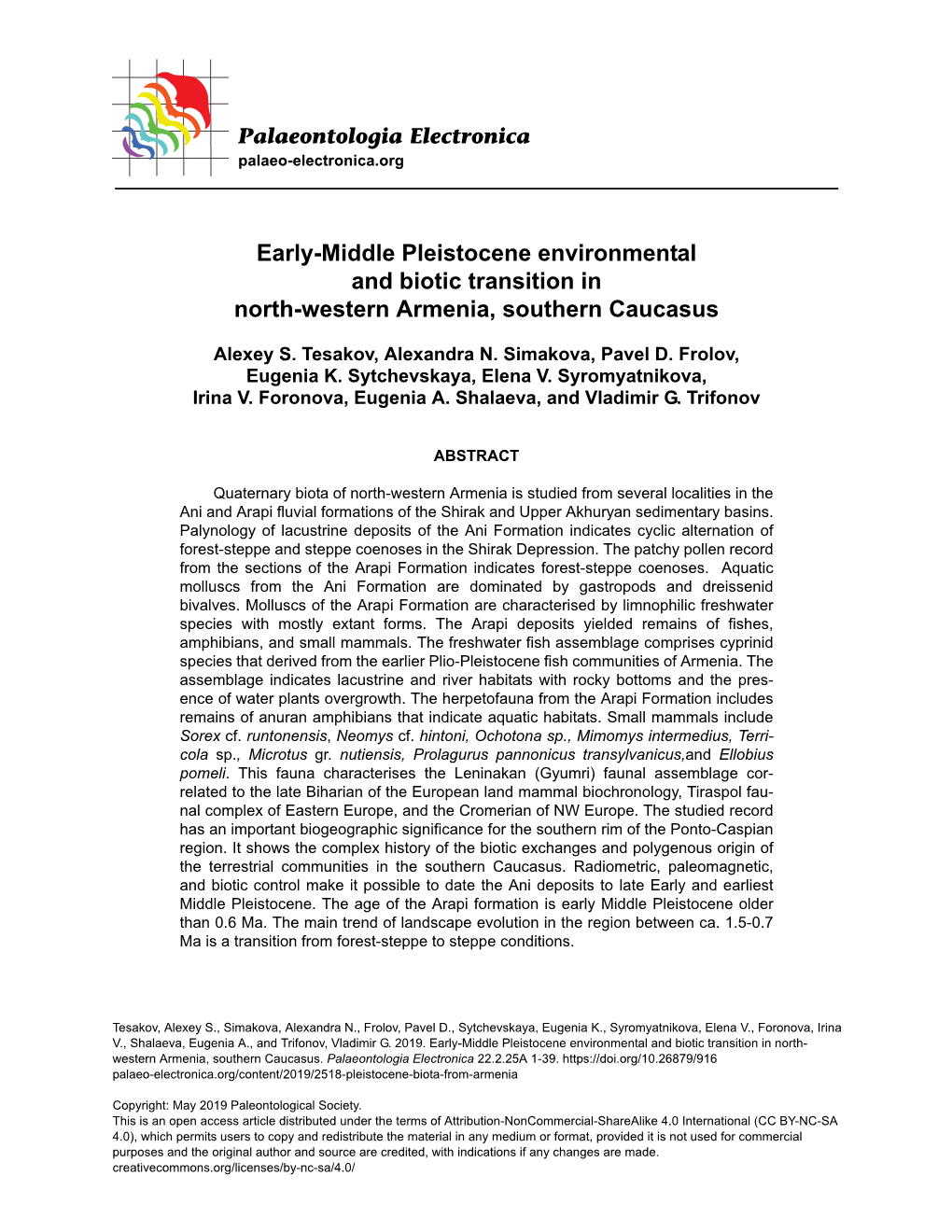 Early-Middle Pleistocene Environmental and Biotic Transition in North-Western Armenia, Southern Caucasus