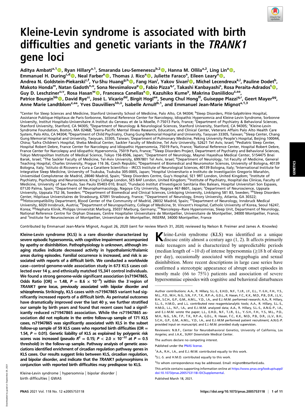 Kleine-Levin Syndrome Is Associated with Birth Difficulties and Genetic Variants in the TRANK1 Gene Loci