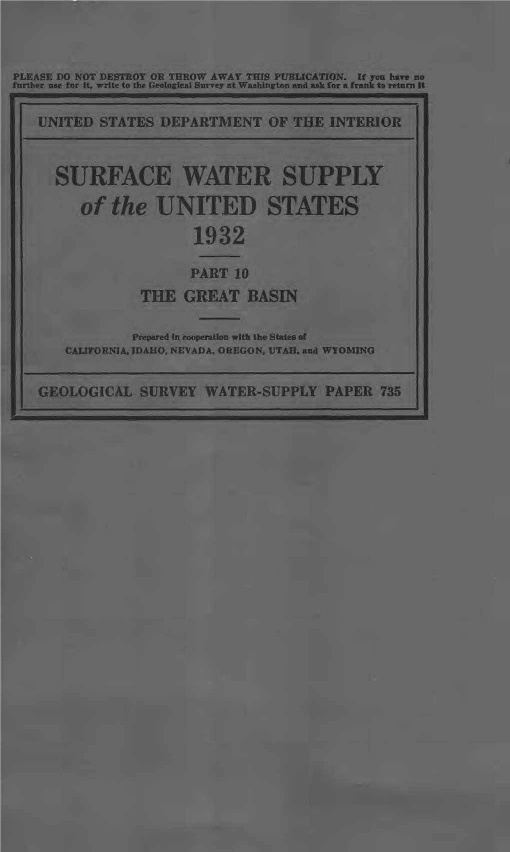 SURFACE WATER SUPPLY of the UNITED STATES 1932 PART 10 the GREAT BASIN