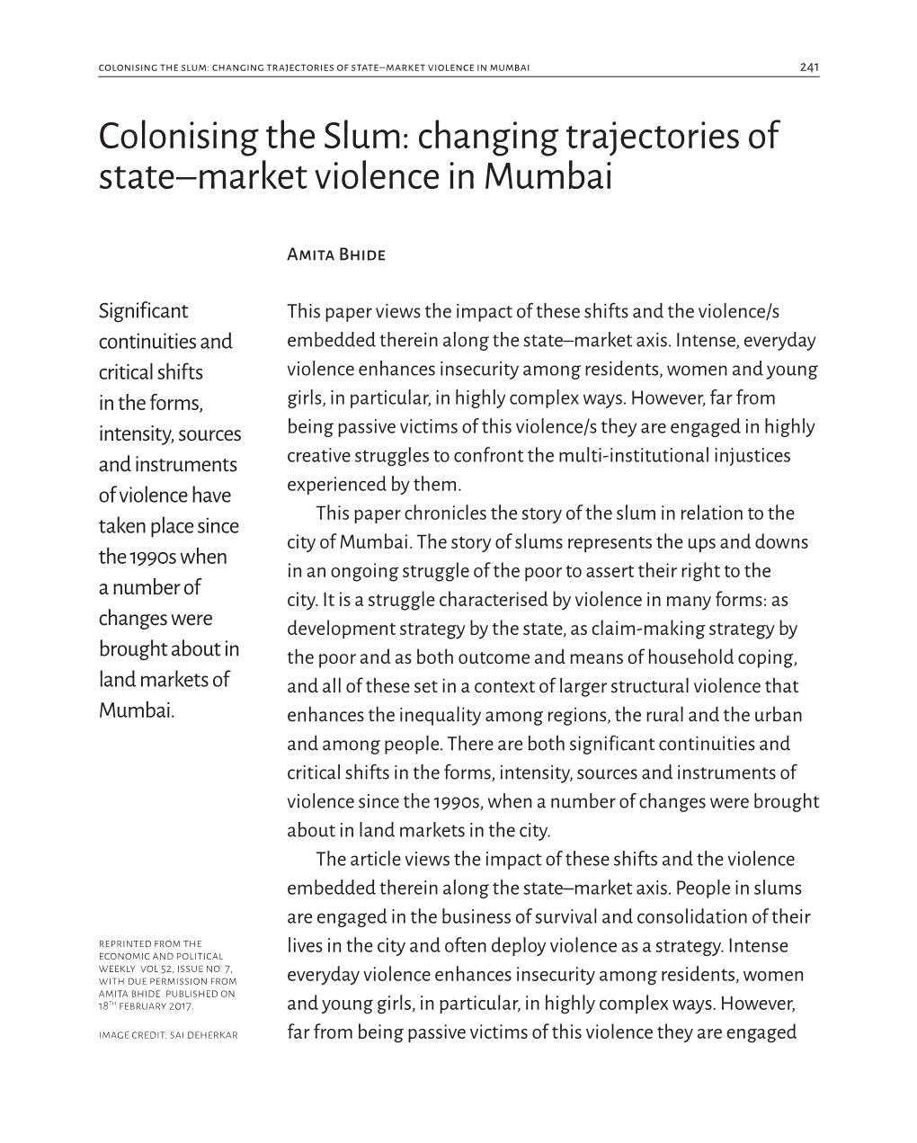 Colonising the Slum: Changing Trajectories of State–Market Violence in Mumbai 241