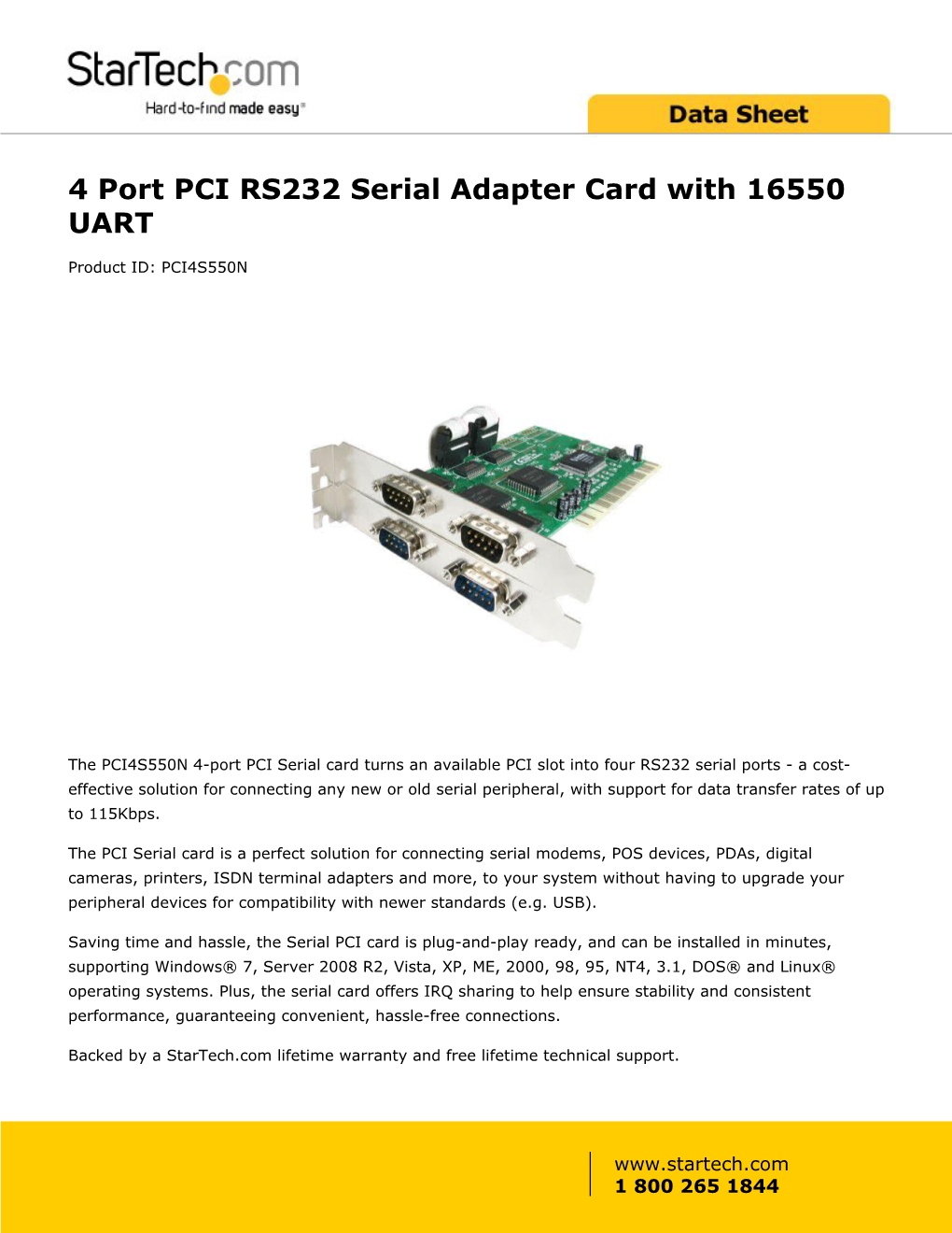 4 Port PCI RS232 Serial Adapter Card with 16550 UART