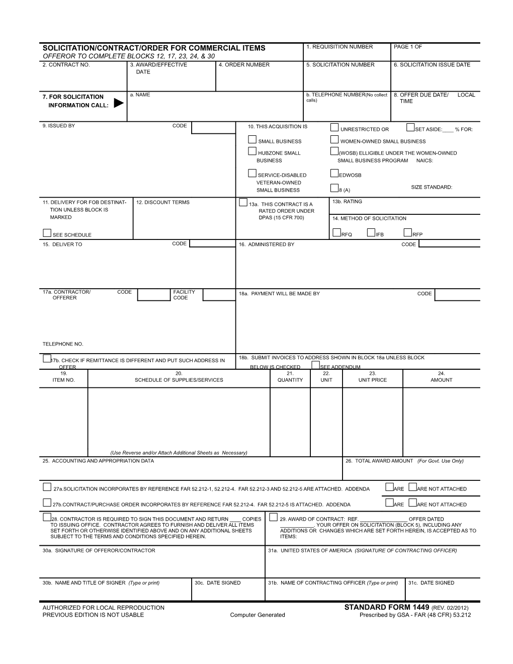 SF-1449; Cover Page for Commercial Items