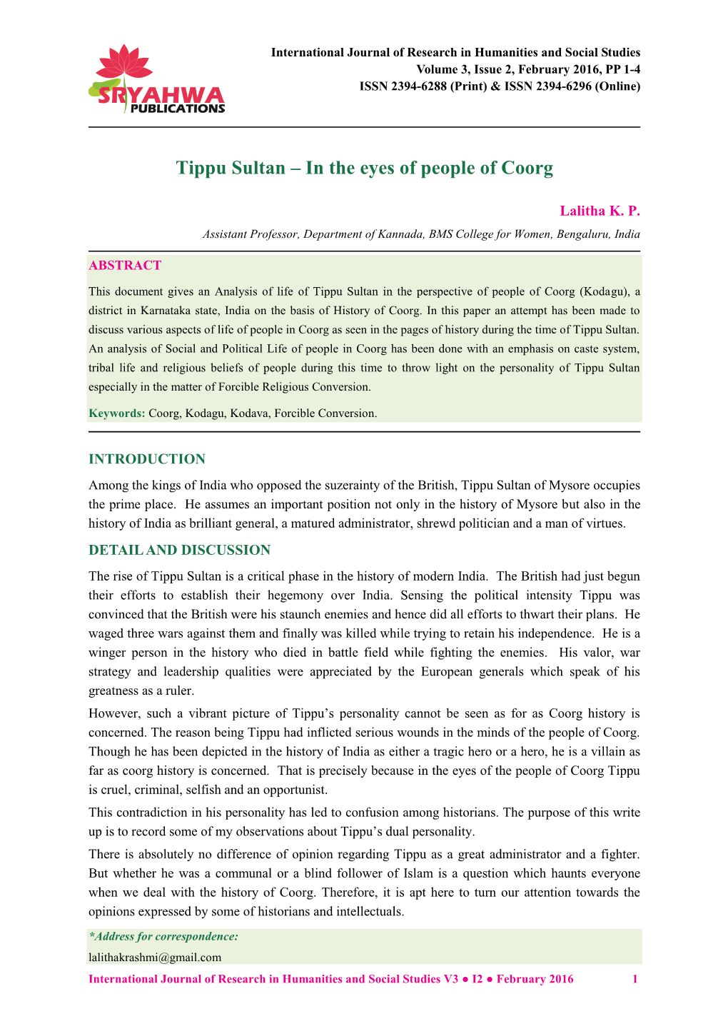 Tippu Sultan – in the Eyes of People of Coorg