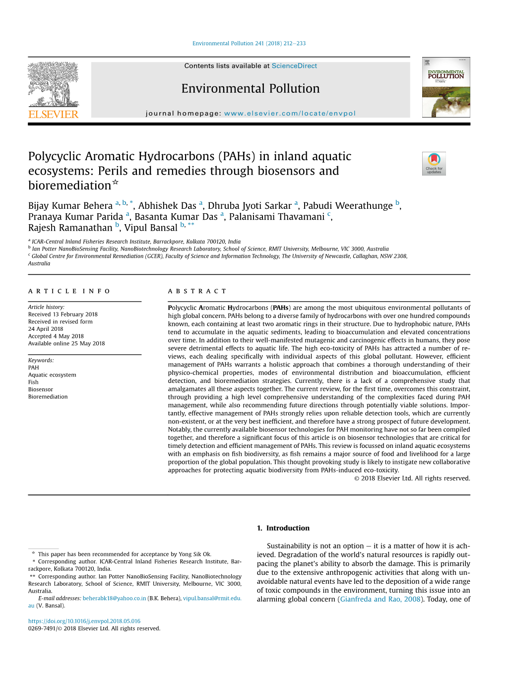 Polycyclic Aromatic Hydrocarbons (Pahs) in Inland Aquatic Ecosystems: Perils and Remedies Through Biosensors and Bioremediation*