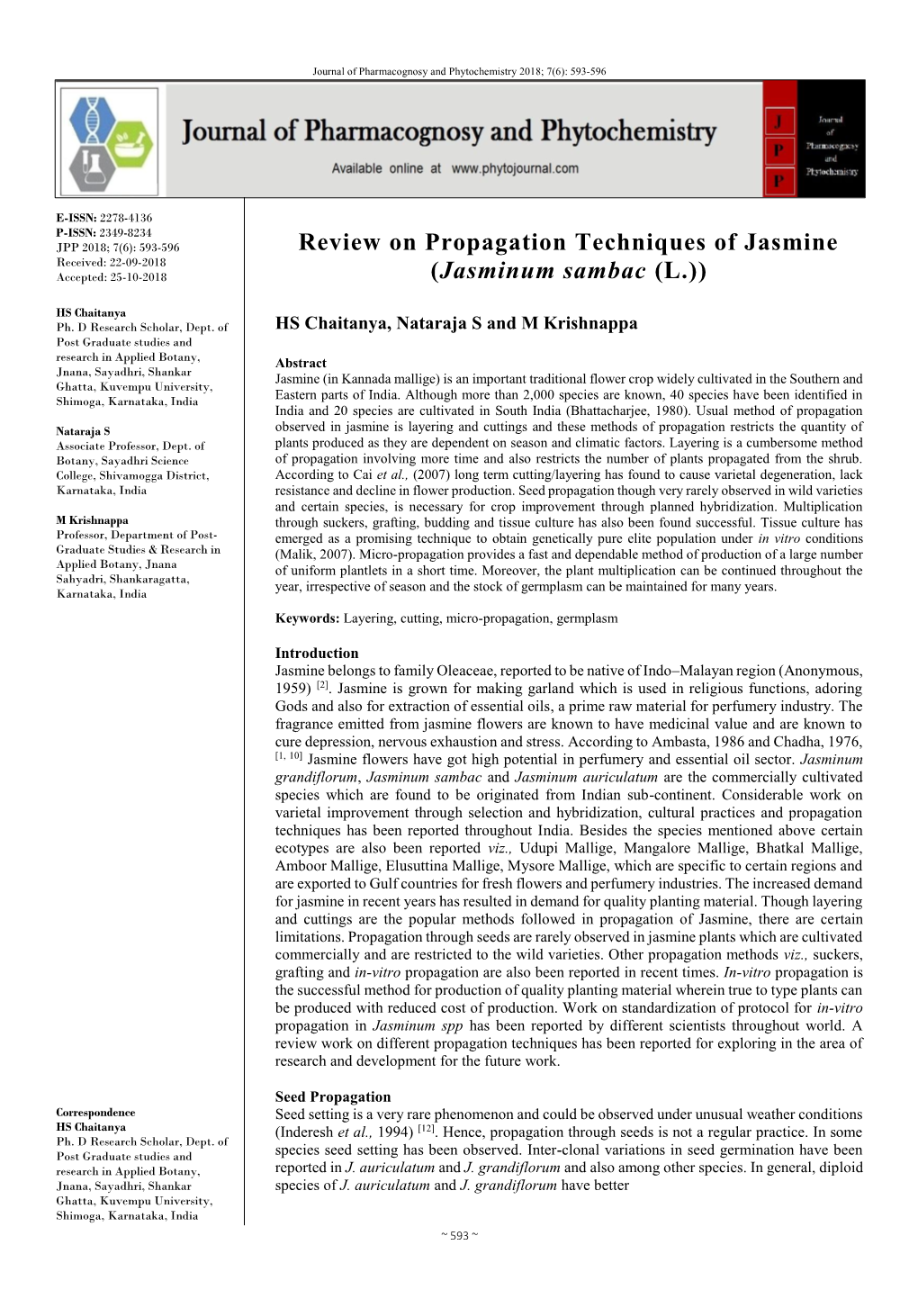 Review on Propagation Techniques of Jasmine (Jasminum Sambac (L.))