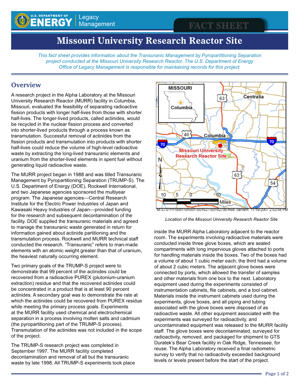 Missouri University Research Reactor Site Fact Sheet